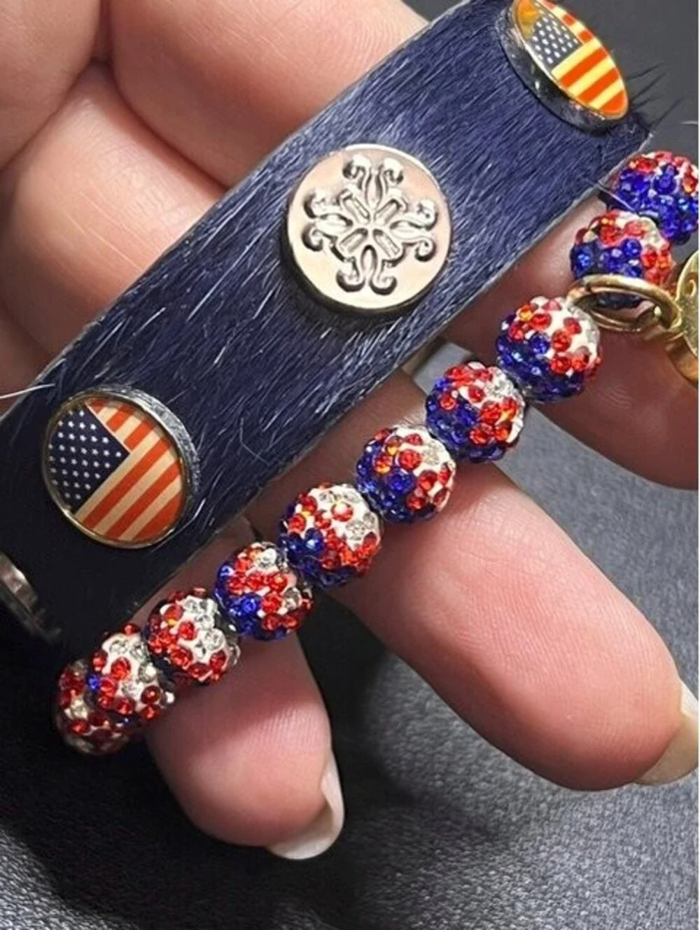 B66230 Rustic Cuff patriotic Stretch Bracelet Red White Blue Crystal Disco Ball